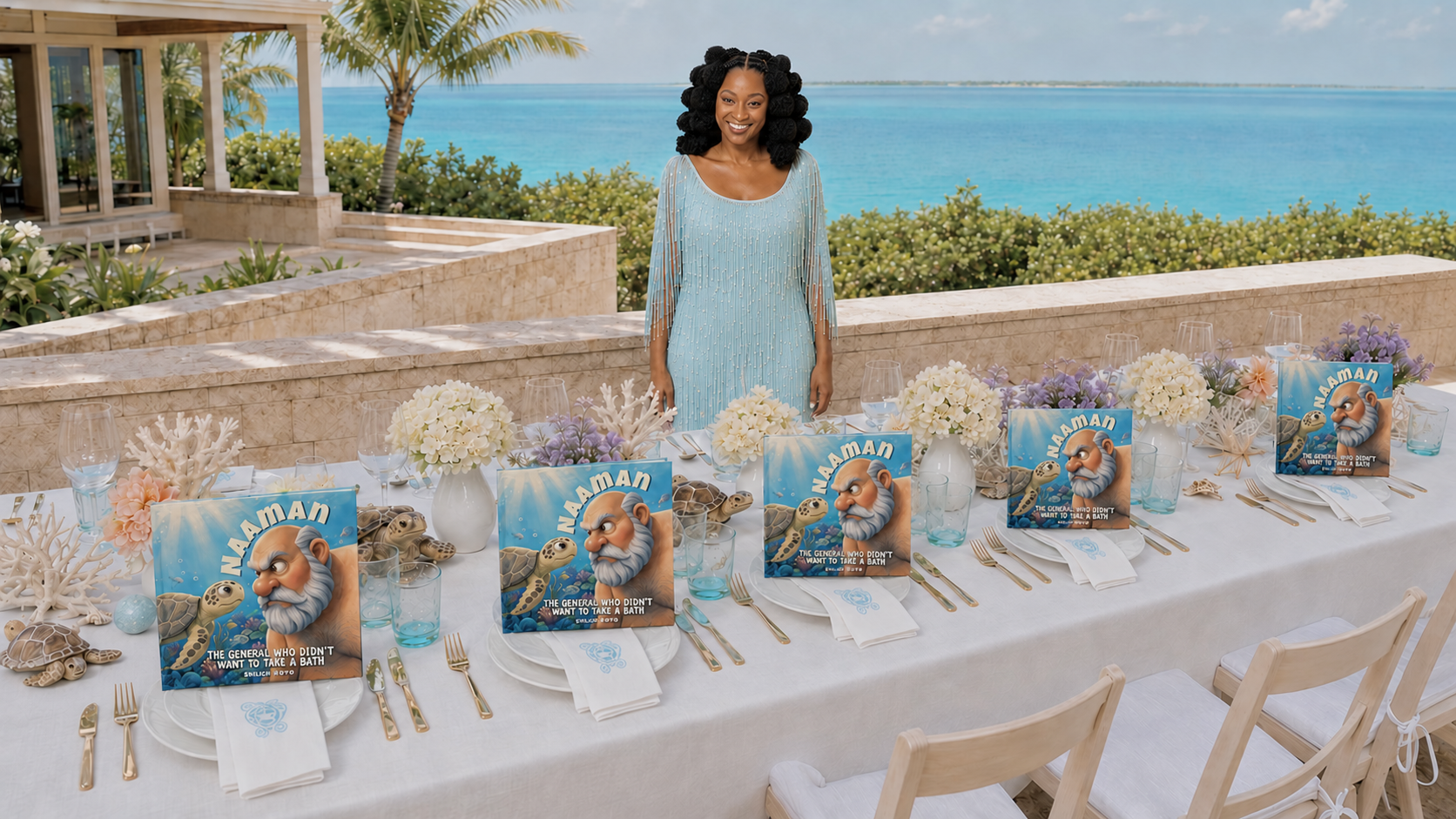 A book event table featuring copies of Naaman