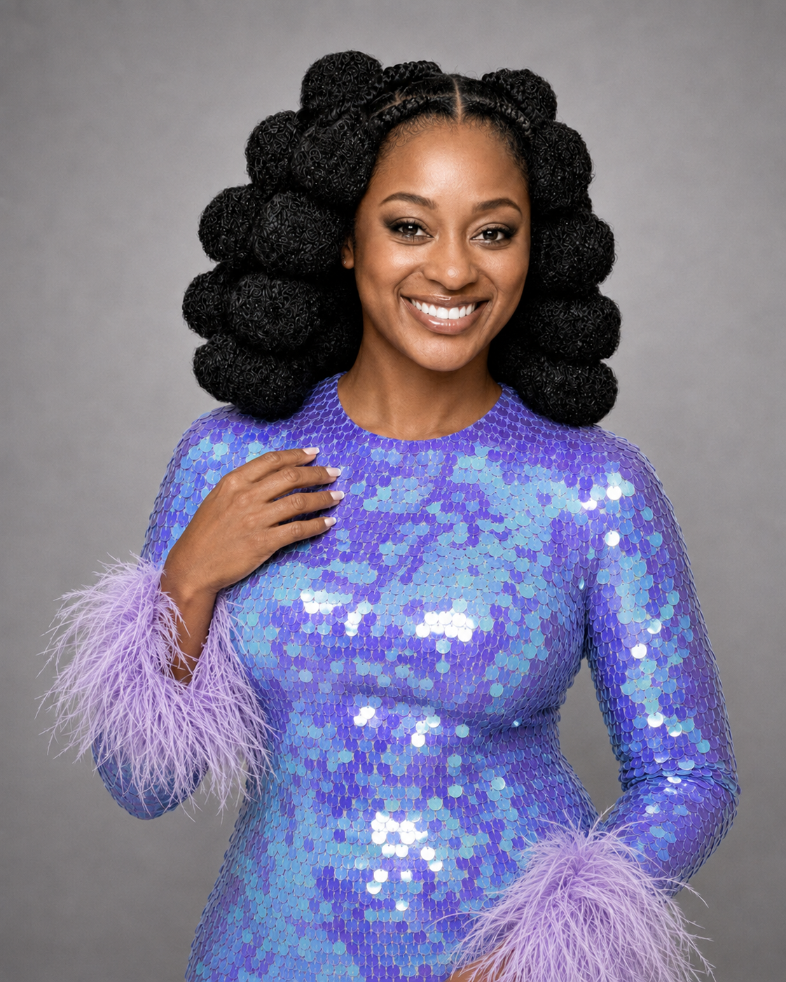 Shiloh in a sparkling purple dress
