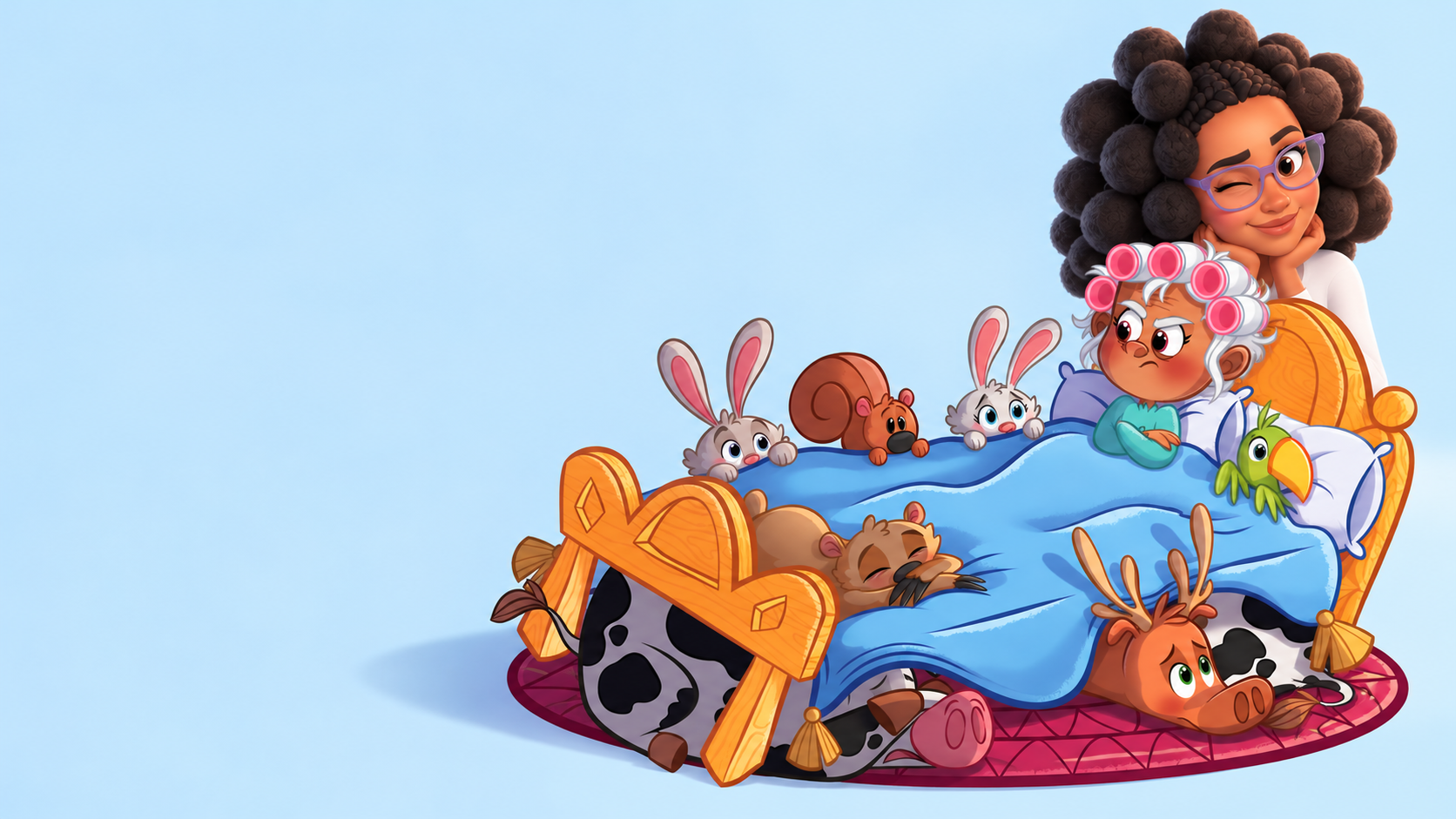 Illustrated Shiloh beside Noah in a bed filled with animals