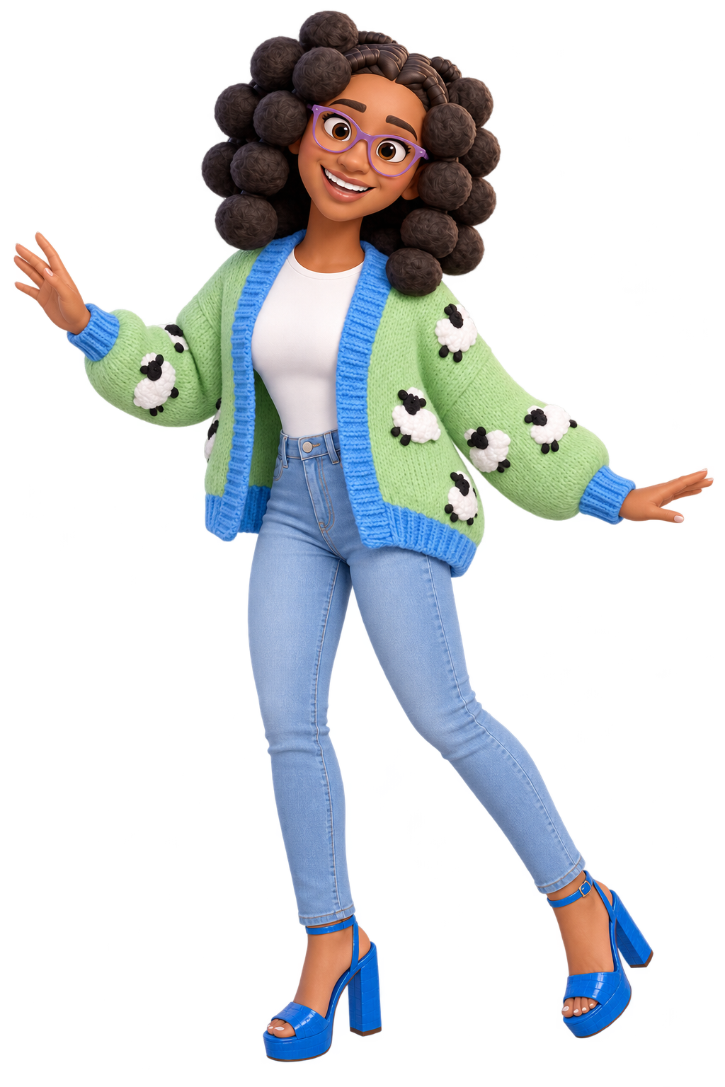 Illustrated Shiloh in a green sheep cardigan with her arms open