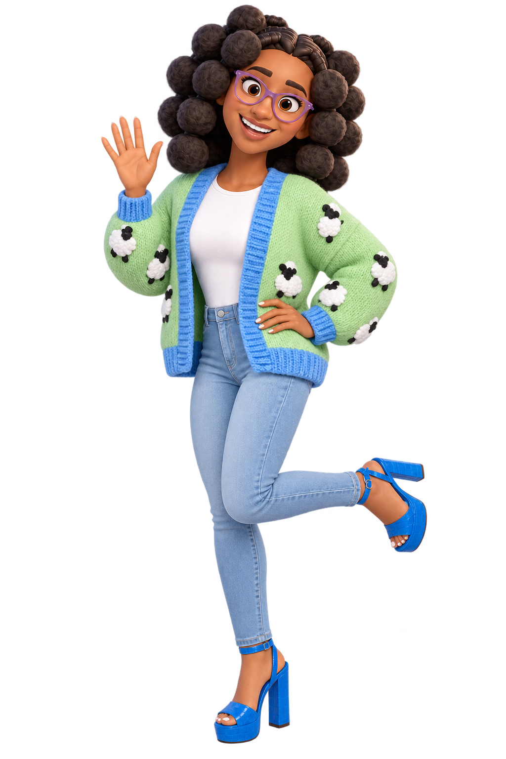 Shiloh waving in a green sheep cardigan and blue platform shoes