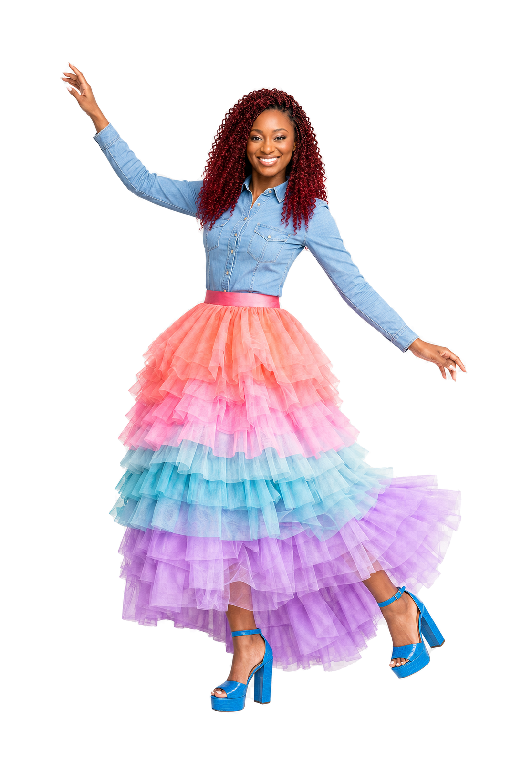 Shiloh dancing in a colorful tiered skirt