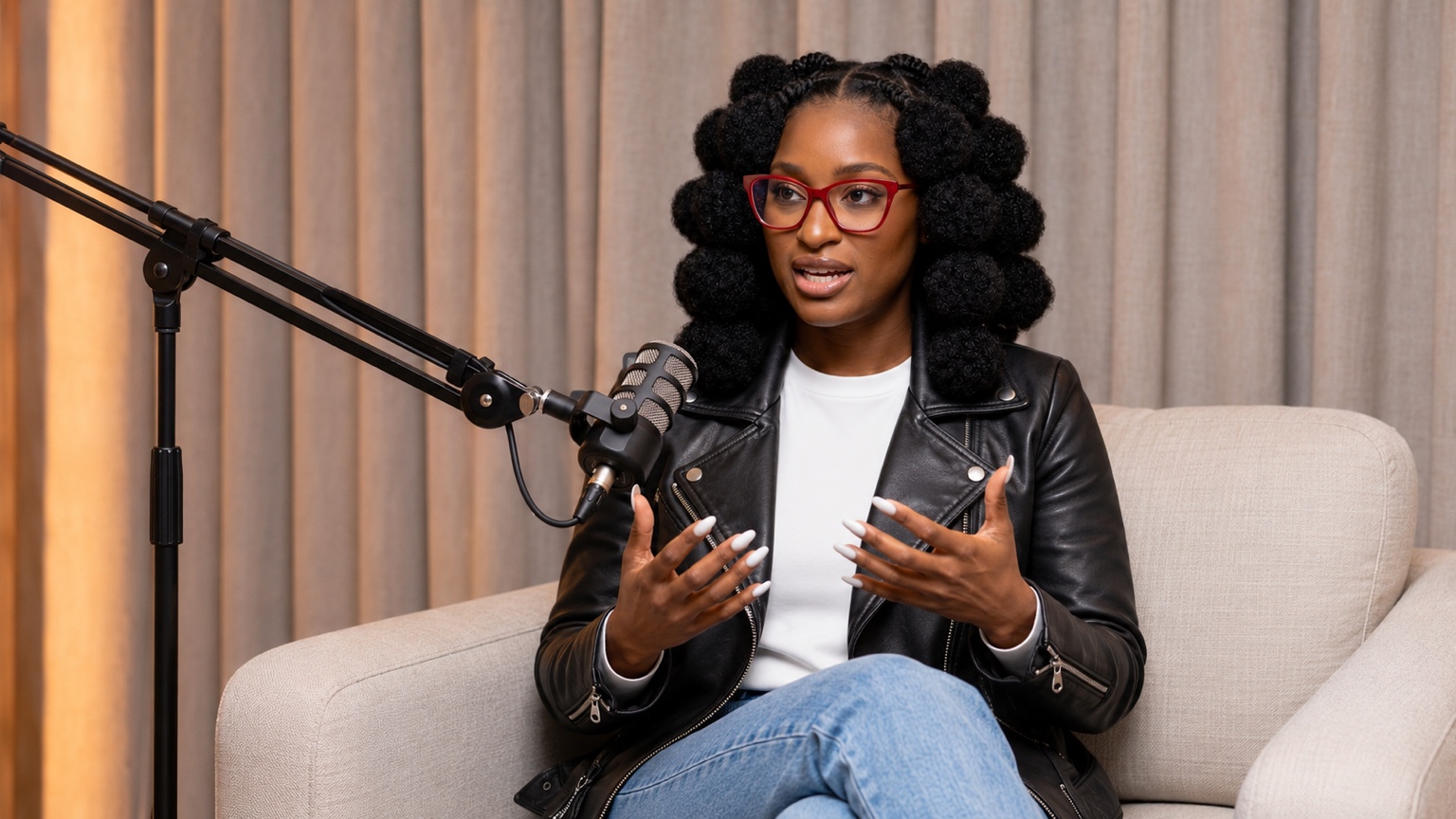 Shiloh speaking into a studio microphone during a podcast conversation