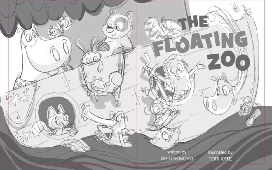 Early pencil cover study for The Floating Zoo with Noah and the animals aboard the ark