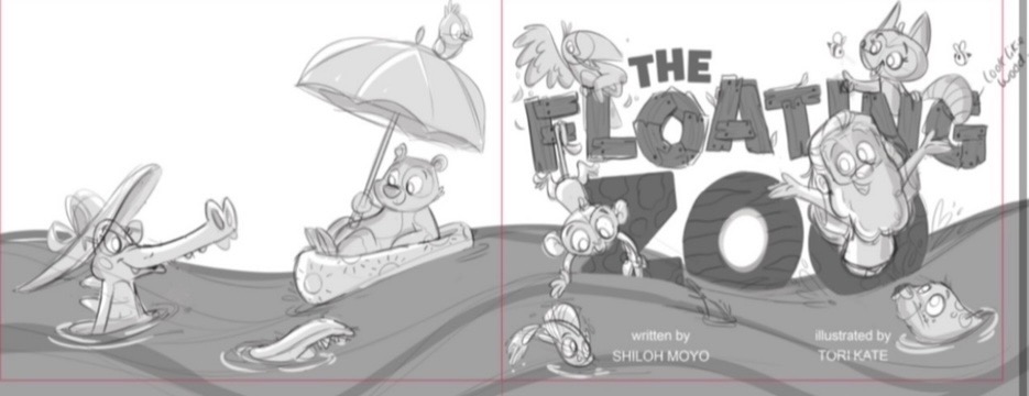 Early pencil title study for The Floating Zoo with Noah and playful animals in the water