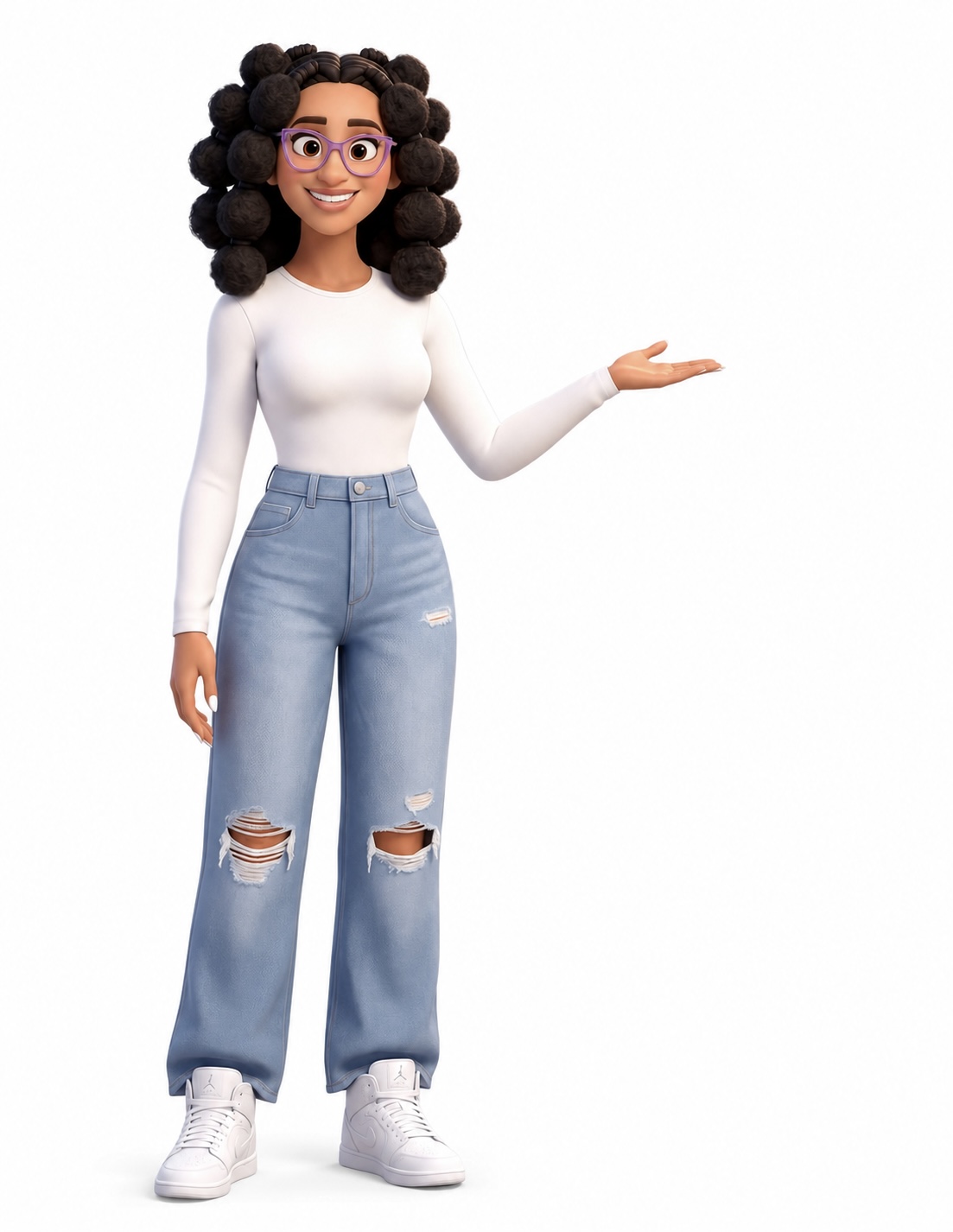 Illustrated Shiloh wearing purple glasses, a white top and jeans, welcoming you with an open hand
