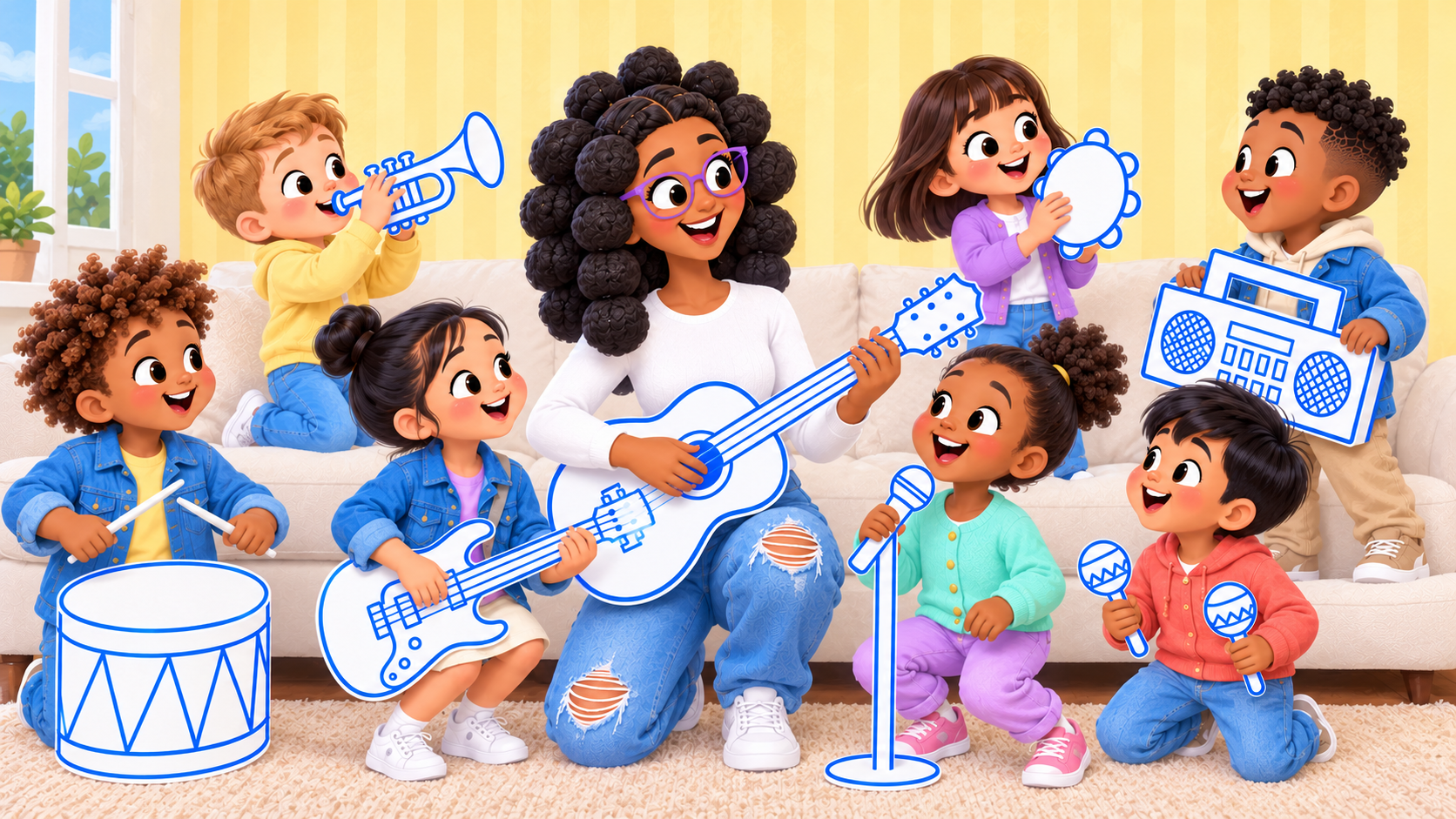 Animated Shiloh and a joyful group of young children making music together with blue and white instruments