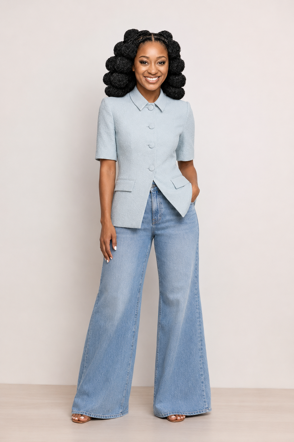 Shiloh smiling in a pale blue jacket and wide-leg jeans