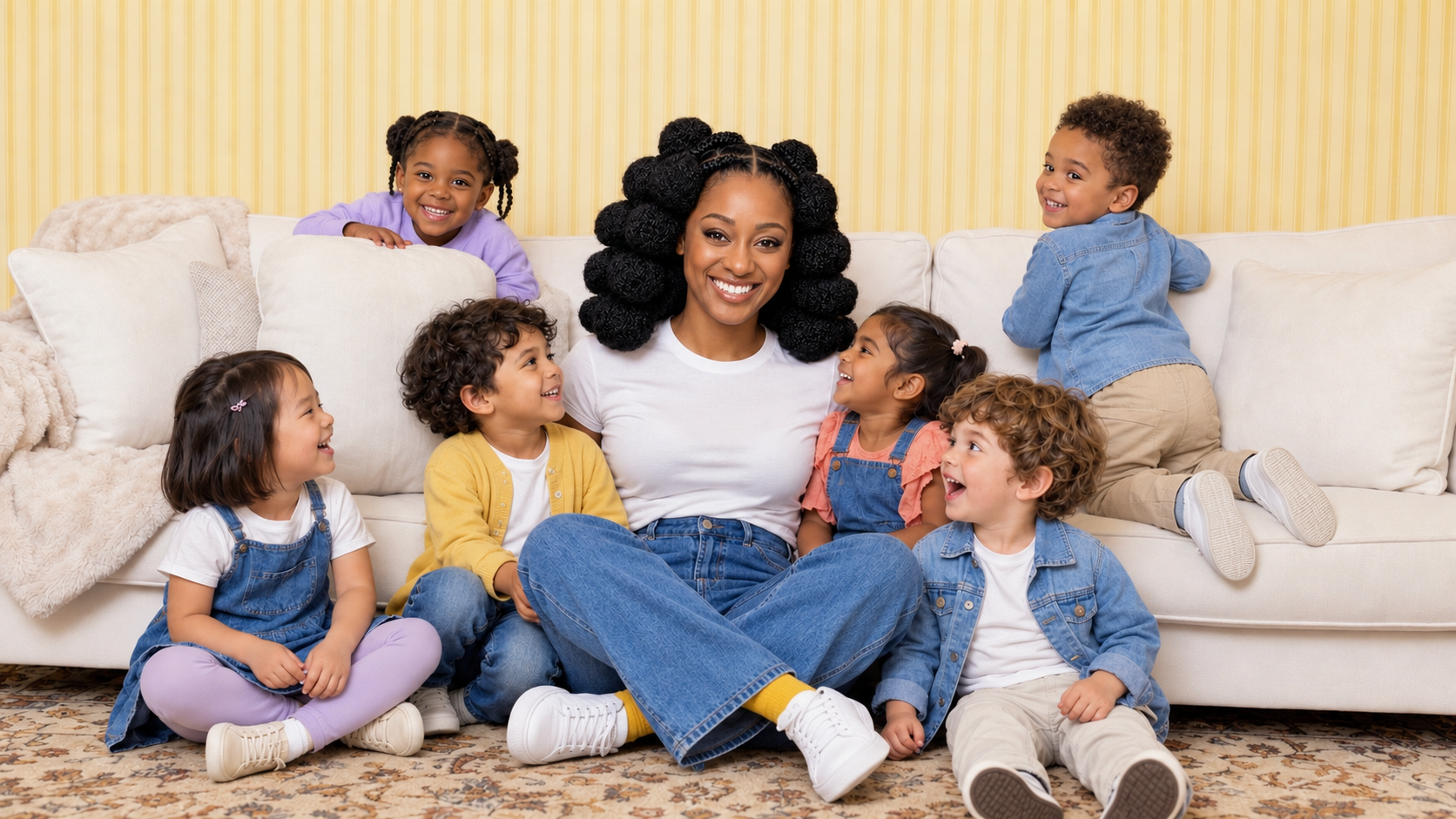 Shiloh wearing yellow socks and sitting with a group of smiling young children