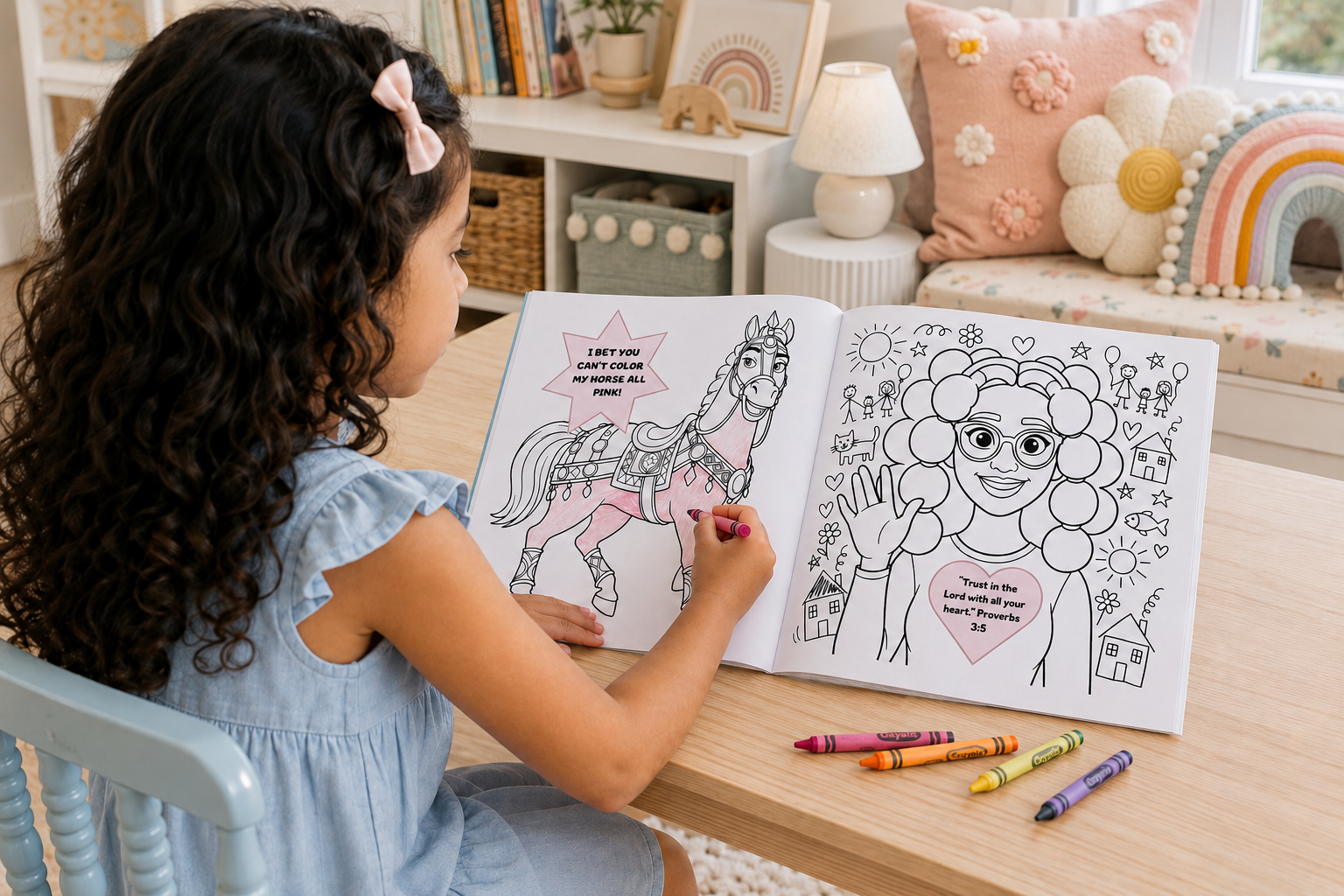 A young child coloring an activity page in the Naaman coloring book