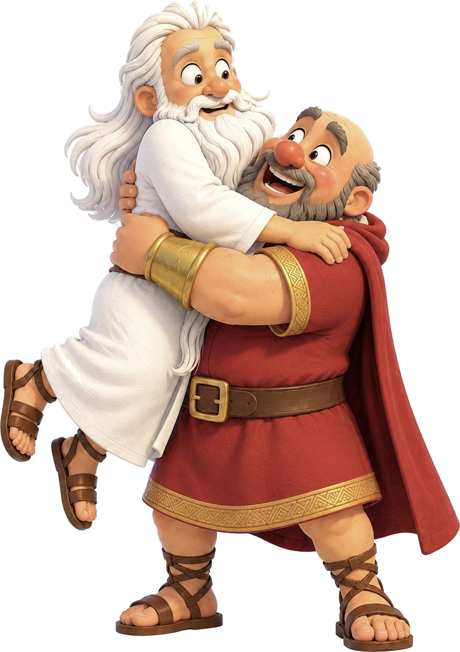 Illustrated Naaman joyfully hugging Elisha