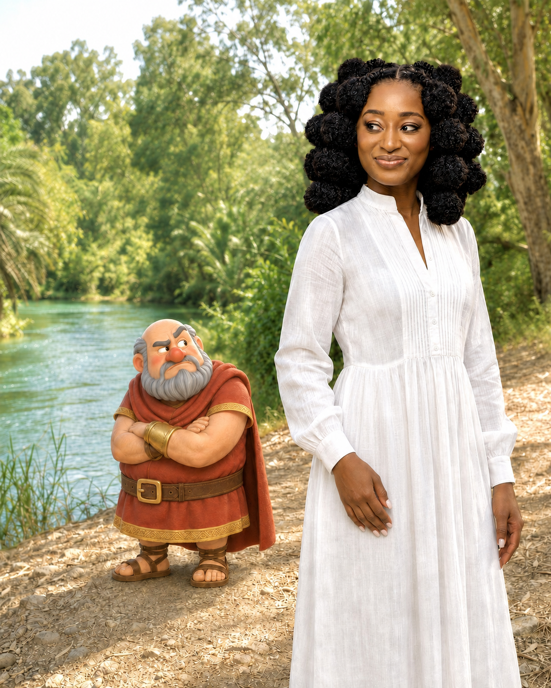 Shiloh and the illustrated general Naaman exchanging side-eye beside the river