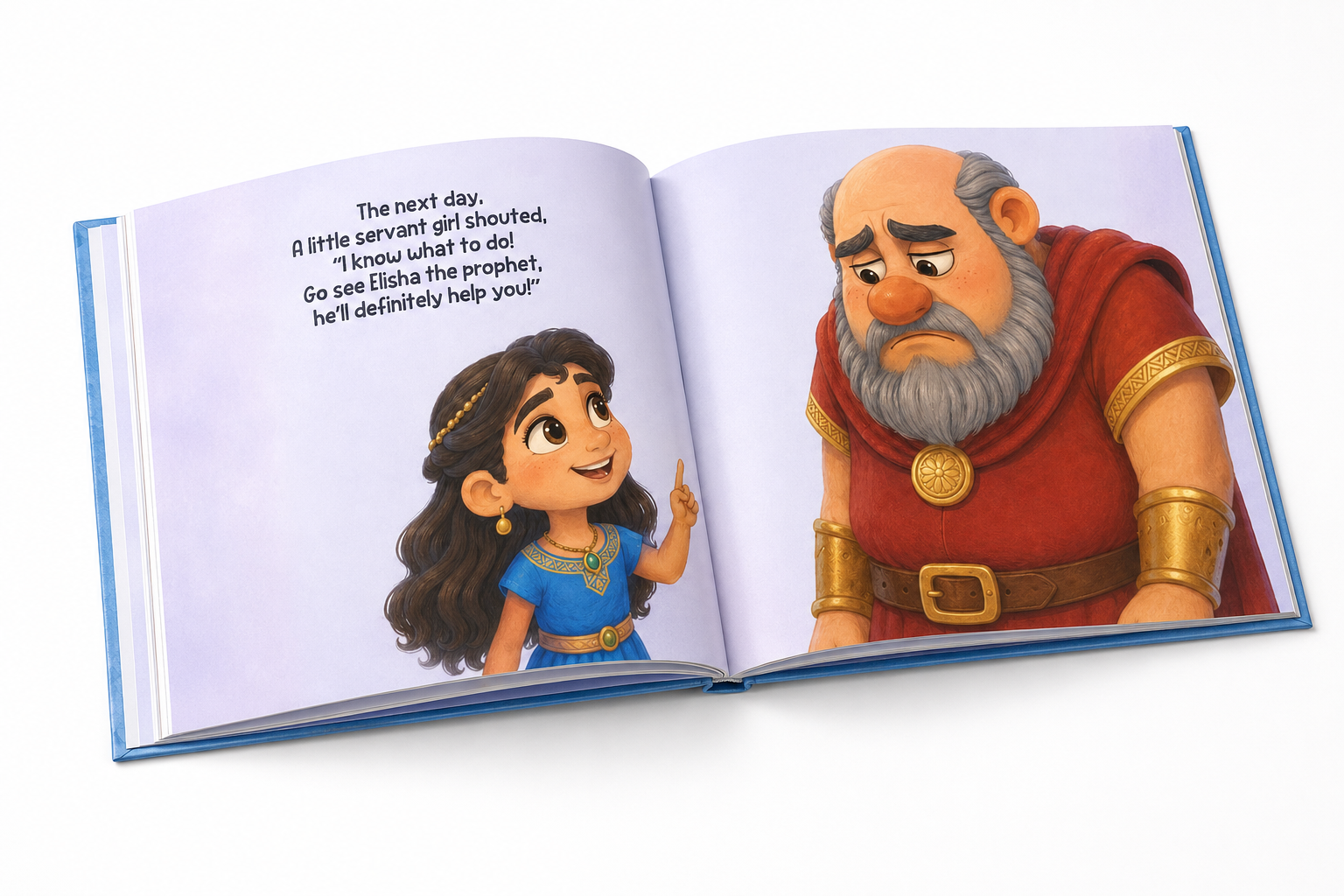 An open Naaman story spread featuring the servant girl and Naaman