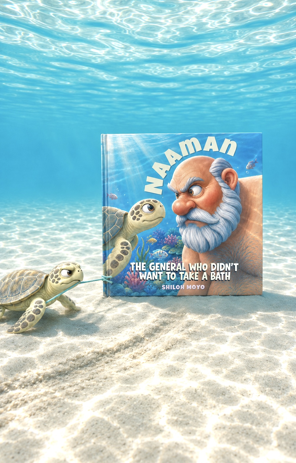 The Naaman book underwater as a turtle swims nearby