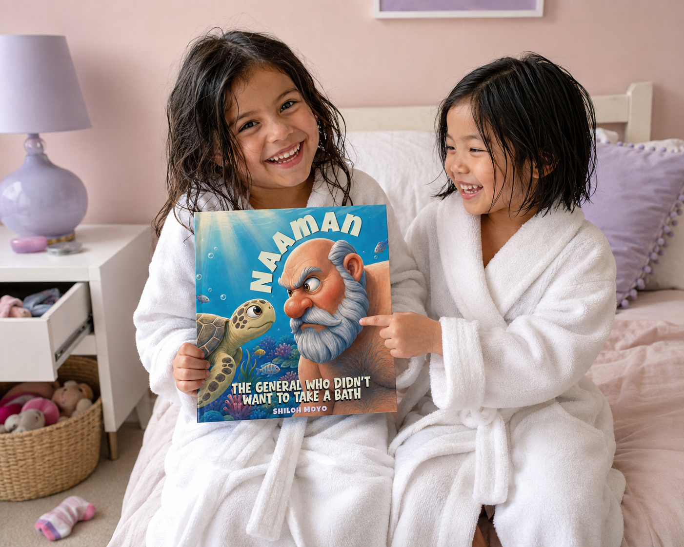 Two children laughing together as they read Naaman