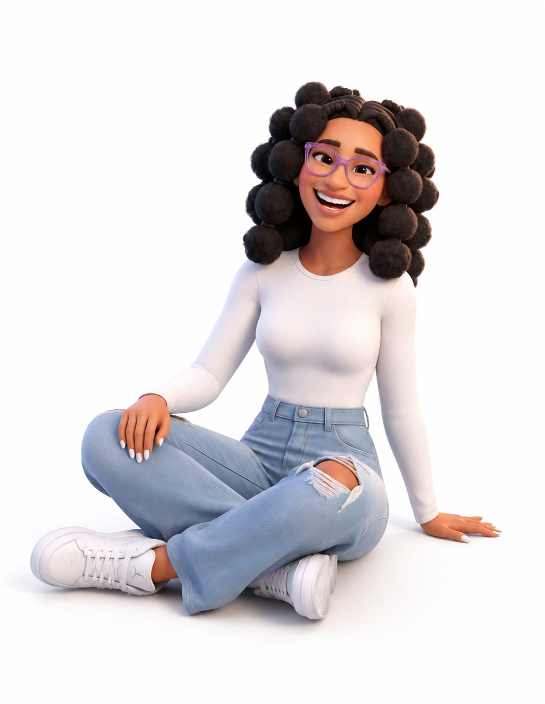 Illustrated Shiloh seated and smiling
