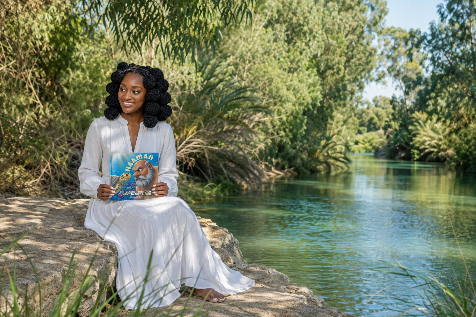 Shiloh seated beside a river holding the Naaman book