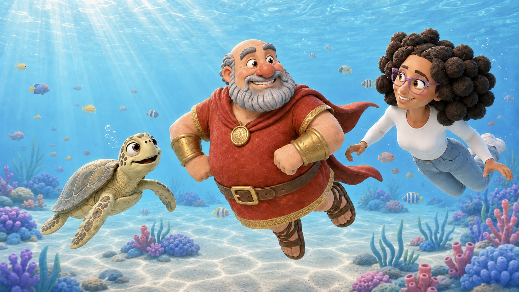Illustrated Shiloh, Naaman and a sea turtle swimming together underwater