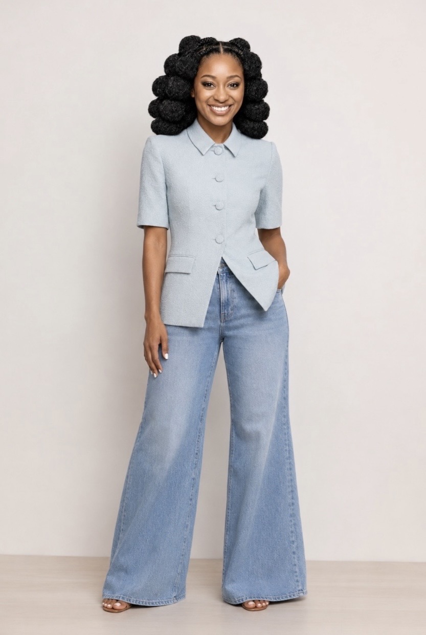 Full-length portrait in a pale blue shirt and jeans